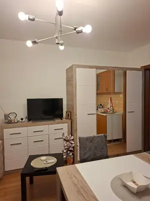 a living room with a table and a tv and a room at apartman Nevena in Vrnjačka Banja