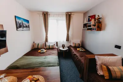 a bedroom with two beds and a couch at Sonja apartman Vila Bela reka Brzeće Kopaonik in Brzeće