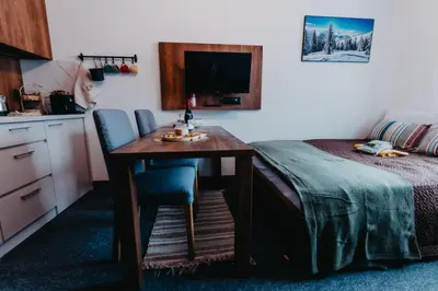 a bedroom with a table and a bed and a kitchen at Sonja apartman Vila Bela reka Brzeće Kopaonik in Brzeće