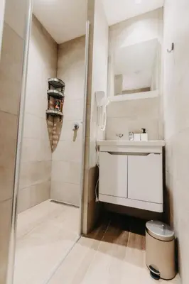 a small bathroom with a sink and a shower at Sonja apartman Vila Bela reka Brzeće Kopaonik in Brzeće