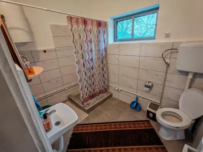 a small bathroom with a toilet and a sink at Apartmani Deda Zarkova Vodenica in Ćuštica
