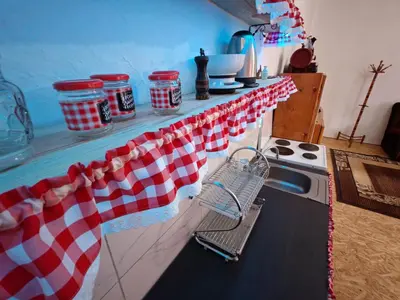 a kitchen counter with a red and white checkered towel at Apartmani Deda Zarkova Vodenica in Ćuštica