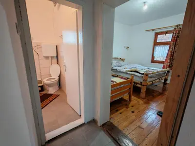 a bathroom with a toilet and a bed in a room at Apartmani Deda Zarkova Vodenica in Ćuštica