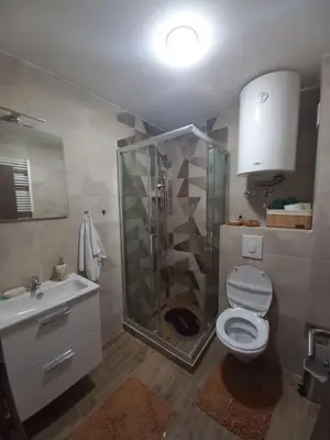 a bathroom with a shower and a toilet and a sink at Planinski san in Kopaonik