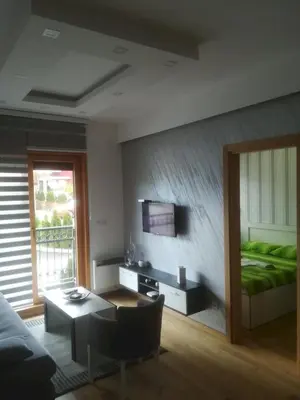 a living room with a couch and a bed and a table at Vrnjacka Bajka in Vrnjačka Banja