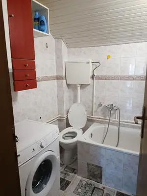 a bathroom with a toilet and a washing machine at Apartman Paunov Breg in Vrnjačka Banja