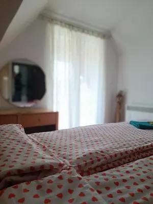 a bed with a red and white comforter and a tv at Apartman Paunov Breg in Vrnjačka Banja