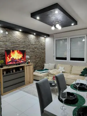 a living room with a couch and a fireplace at Warm nest in Kraljevo