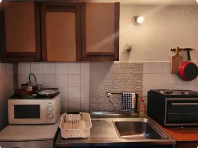 a kitchen with a sink and a microwave at Apartman Poirot in Kuršumlija