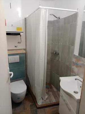 a bathroom with a shower and a toilet and a sink at Apartman 