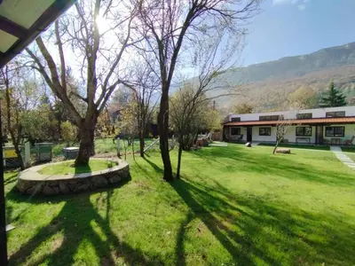 a green yard with two trees and a building at Apartman 