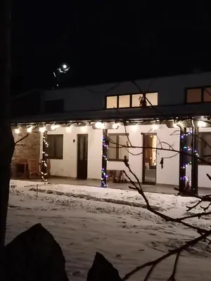 a building with christmas lights on it at night at Apartman 
