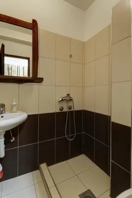 a bathroom with a shower and a sink at Srna Etno Selo - Hotel i Restoran in Inovo