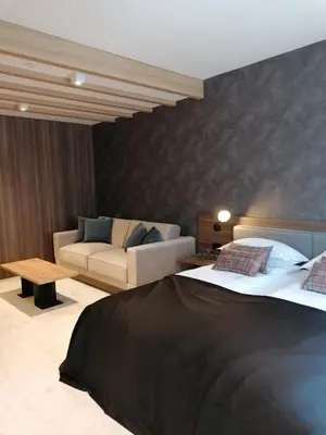 a living room with a bed and a couch at Woodside 323 Kopaonik011 in Kopaonik