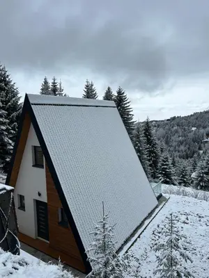 a snow covered roof of a house with trees at Tara mountain house Kopaonik in Kopaonik