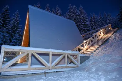 a house in the snow at night at Tara mountain house Kopaonik in Kopaonik