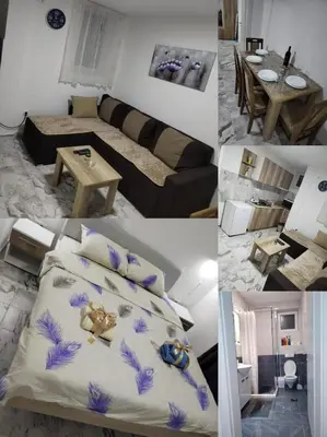 a collage of photos of a living room and a bedroom at Apartman Ristic Vrnjacka banja in Vrnjačka Banja