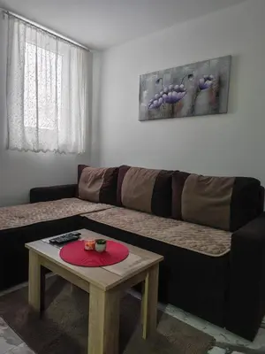a living room with a couch and a table at Apartman Ristic Vrnjacka banja in Vrnjačka Banja