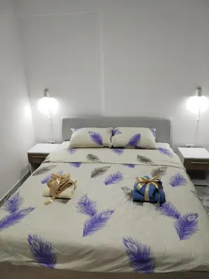 a bed with two bags on top of it at Apartman Ristic Vrnjacka banja in Vrnjačka Banja