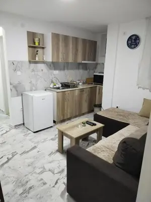 a kitchen and a living room with a couch and a table at Apartman Ristic Vrnjacka banja in Vrnjačka Banja