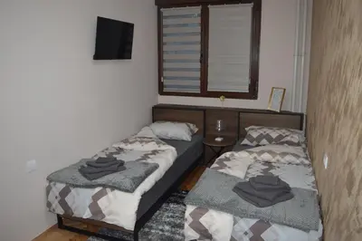 a bedroom with two beds and a tv and a window at Gohemi Apartments in Pirot