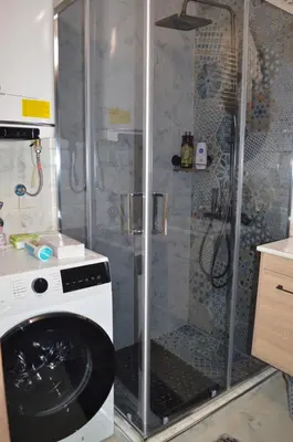 a shower with a washing machine in a bathroom at Gohemi Apartments in Pirot