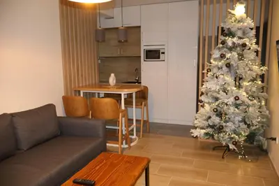 a living room with a christmas tree and a couch at Apartmani Vidik,Treska in Kopaonik