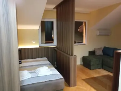 a small room with a bed and a couch at Apartmani Jelena 5 in Vrnjci