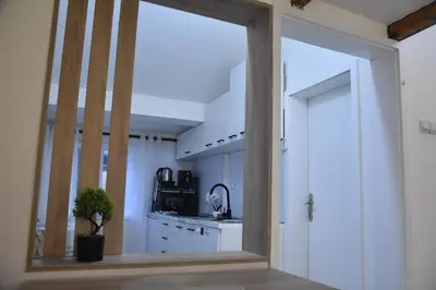 a kitchen with a large mirror in a room at Fiko Apartment in Niš
