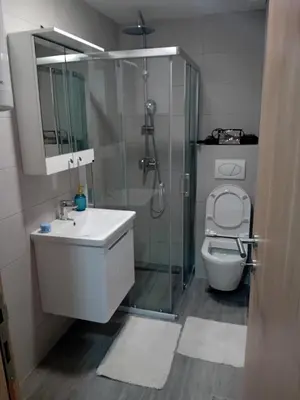 a bathroom with a shower and a sink and a toilet at Apartman Đorđevic in Vrnjačka Banja