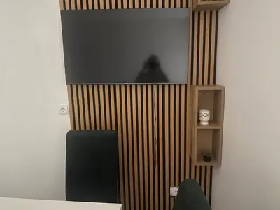 a wall with a tv and a shelf with a speaker at Apartman Đorđevic in Vrnjačka Banja