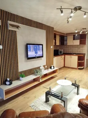 a living room with a flat screen tv on a wall at Relax URBAN Life in Zaječar