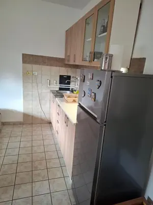 a kitchen with a refrigerator and a tile floor at Nature Nest Više Selo in Blace