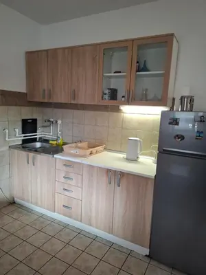 a kitchen with wooden cabinets and a stainless steel refrigerator at Nature Nest Više Selo in Blace