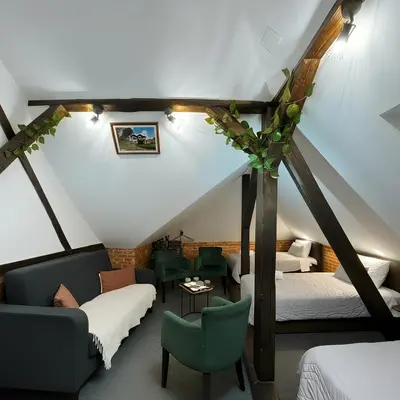 a attic room with two beds and a couch at Hedonia Luxury Rooms in Pirot