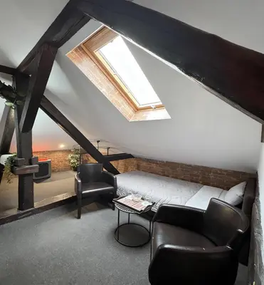 a room with a couch and chairs in a attic at Hedonia Luxury Rooms in Pirot
