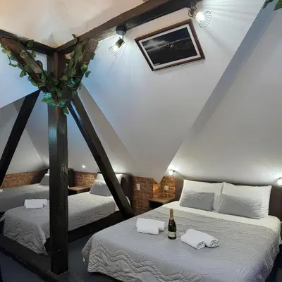 a attic room with two beds and a bottle of wine at Hedonia Luxury Rooms in Pirot