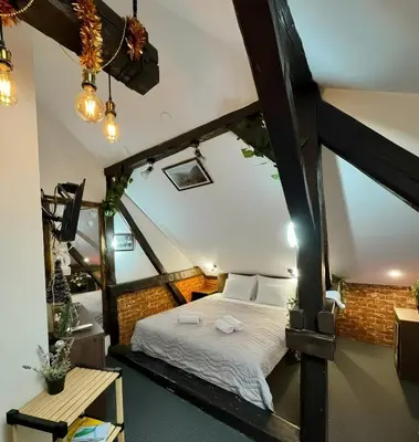 an attic bedroom with a bed in a room at Hedonia Luxury Rooms in Pirot