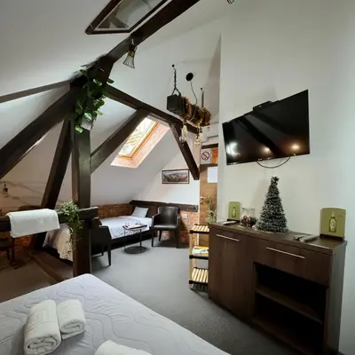 a bedroom with a bed and a flat screen tv at Hedonia Luxury Rooms in Pirot