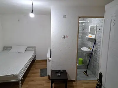 a bedroom with a bed and a sink and a shower at Hostel Lalinac in Lalince