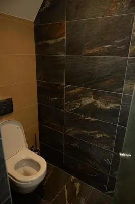 a bathroom with a toilet and a large tile wall at Deluxe Studio 19, Kula, Konaci, Kopaonik