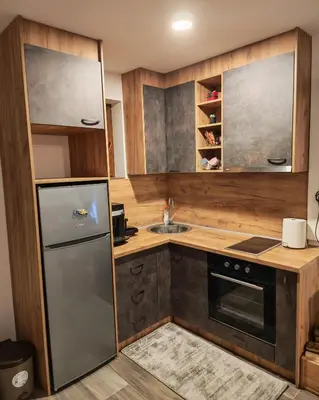 a kitchen with a stainless steel refrigerator and a sink at Suncani breg in Crni Vrh