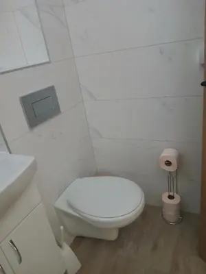 a white bathroom with a toilet and a sink at Studio Carina in Soko Banja