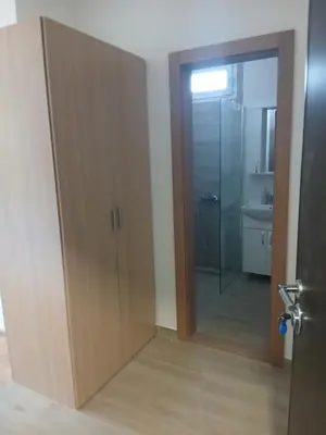 a bathroom with a wooden door and a sink at Studio Carina in Soko Banja