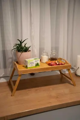 a wooden coffee table with a plant on it at Apartman Nana in Vranje
