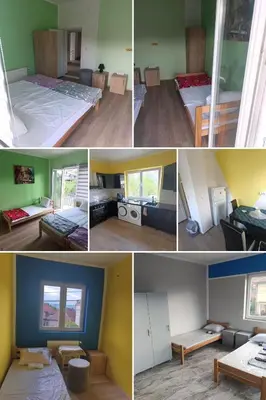 a collage of four pictures of a room at Tara in Surdulica