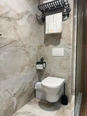 a bathroom with a white toilet and marble walls at Stan na dan Bor Apartman in Bor