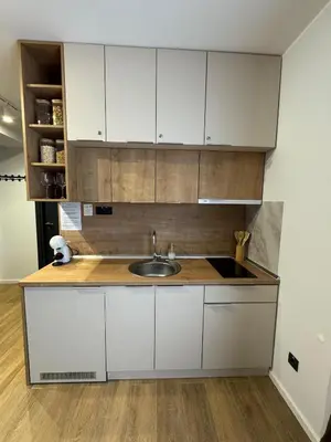 a kitchen with white cabinets and a sink at Apartman IRIS Kopaonik in Kopaonik