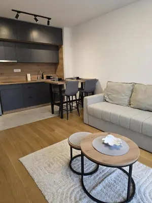a living room with a couch and a table at Apartman Raj VV sa garazom in Vrnjci