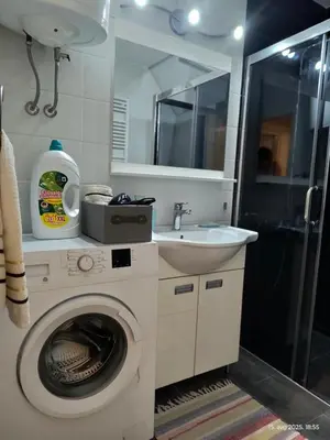 a bathroom with a washing machine and a sink at Apartman Vidačić in Pirot